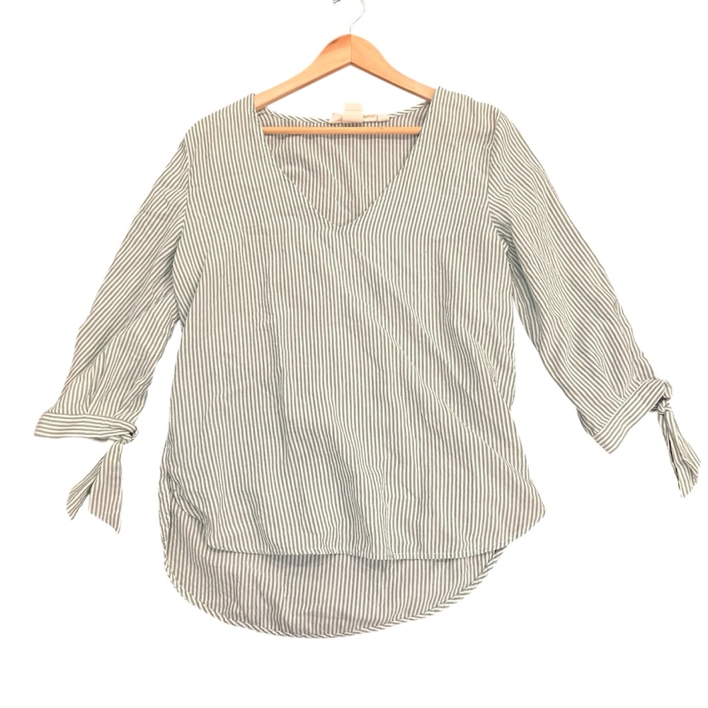 H&M Green and White Striped V-Neck Blouse